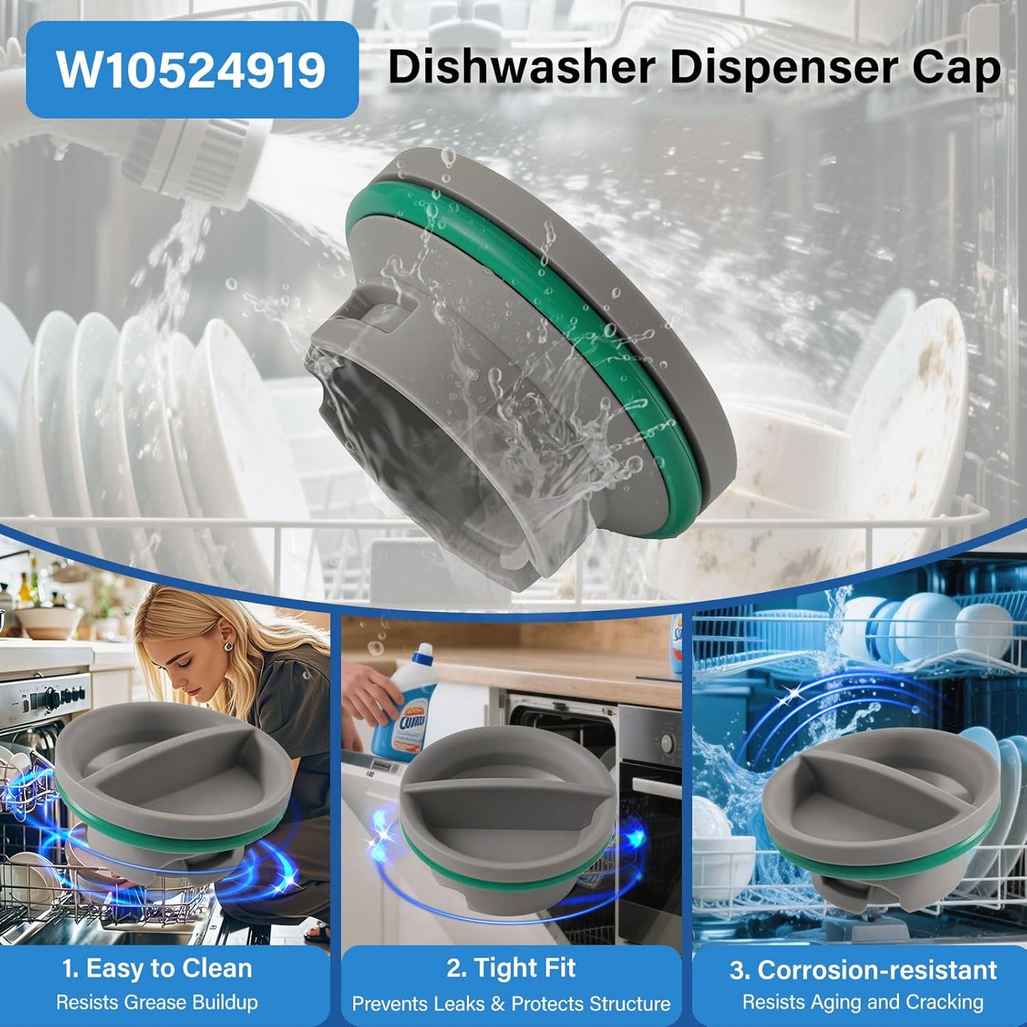 Upgraded WPW10524919 Dishwasher Rinse Aid Cap Replacement Compatible with Whirlpool Amana Ikea WDP350PAAW5 KDTE104DSS0. W10524919 Dispenser Cap Replace W10524923 Dishwasher Rinse Aid Dispenser Cap