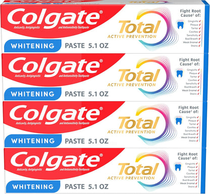 Colgate Total Whitening Toothpaste Paste, 5.1 oz, 4 Pack, Fluoride, Antibacterial, for Plaque, Gingivitis, Sensitivity, Stain Removal, Clinically Proven, Mint, Teeth Whitening, Stannous Fluoride