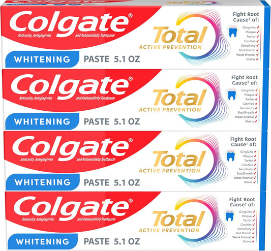 Colgate Total Whitening Toothpaste Paste, 5.1 oz, 4 Pack, Fluoride, Antibacterial, for Plaque, Gingivitis, Sensitivity, Stain Removal, Clinically Proven, Mint, Teeth Whitening, Stannous Fluoride