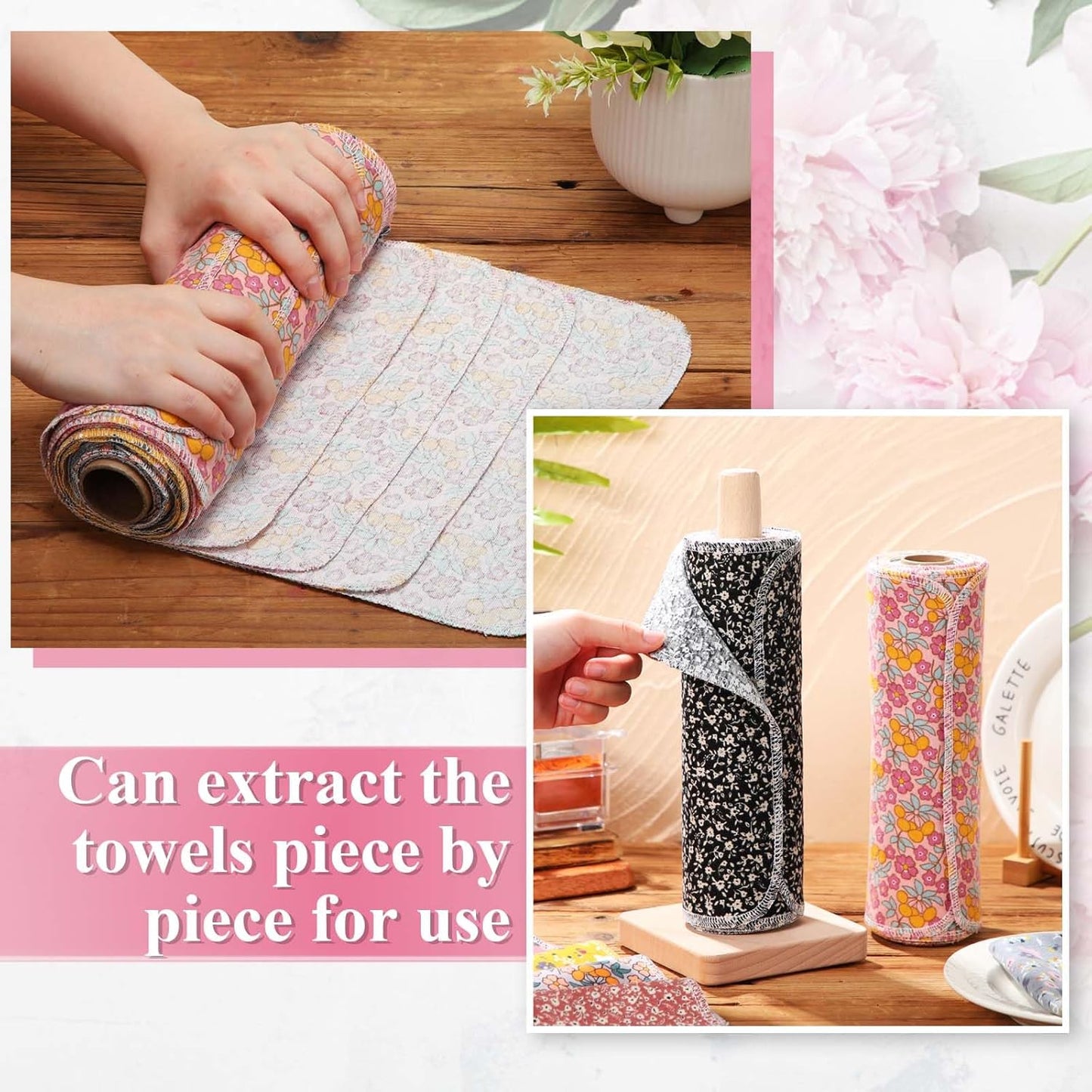 Redbaker 50 Pcs Reusable Paper Towels Paperless Reusable Cotton Cloths Toilet Absorbent Washable Paper Towels with Roll Kitchen Dishcloth for Kitchen Paperless Dishcloths(Stripe)