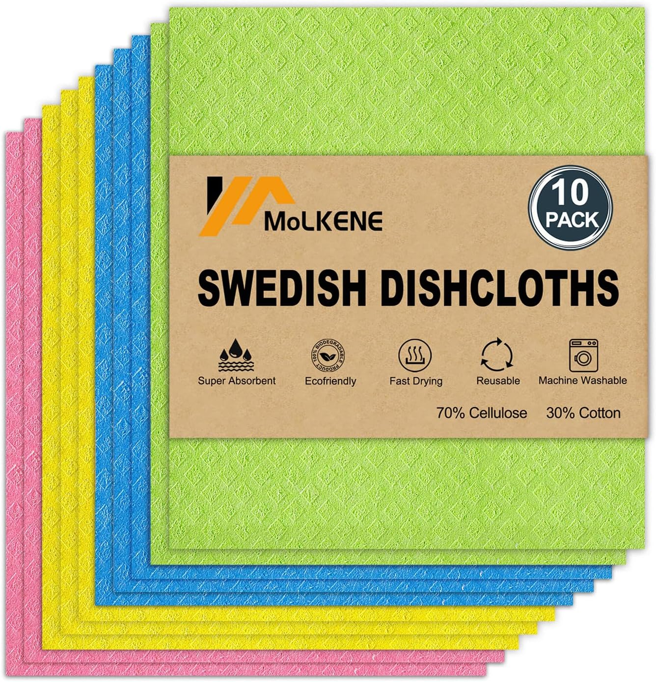 MoLKENE Swedish Dish Cloths - 10 Pack Reusable Kitchen Dishcloths - Ultra Absorbent Dish Towels for Washing Dishes - Cellulose Sponge Cloth Cleaning Rag - Assorted