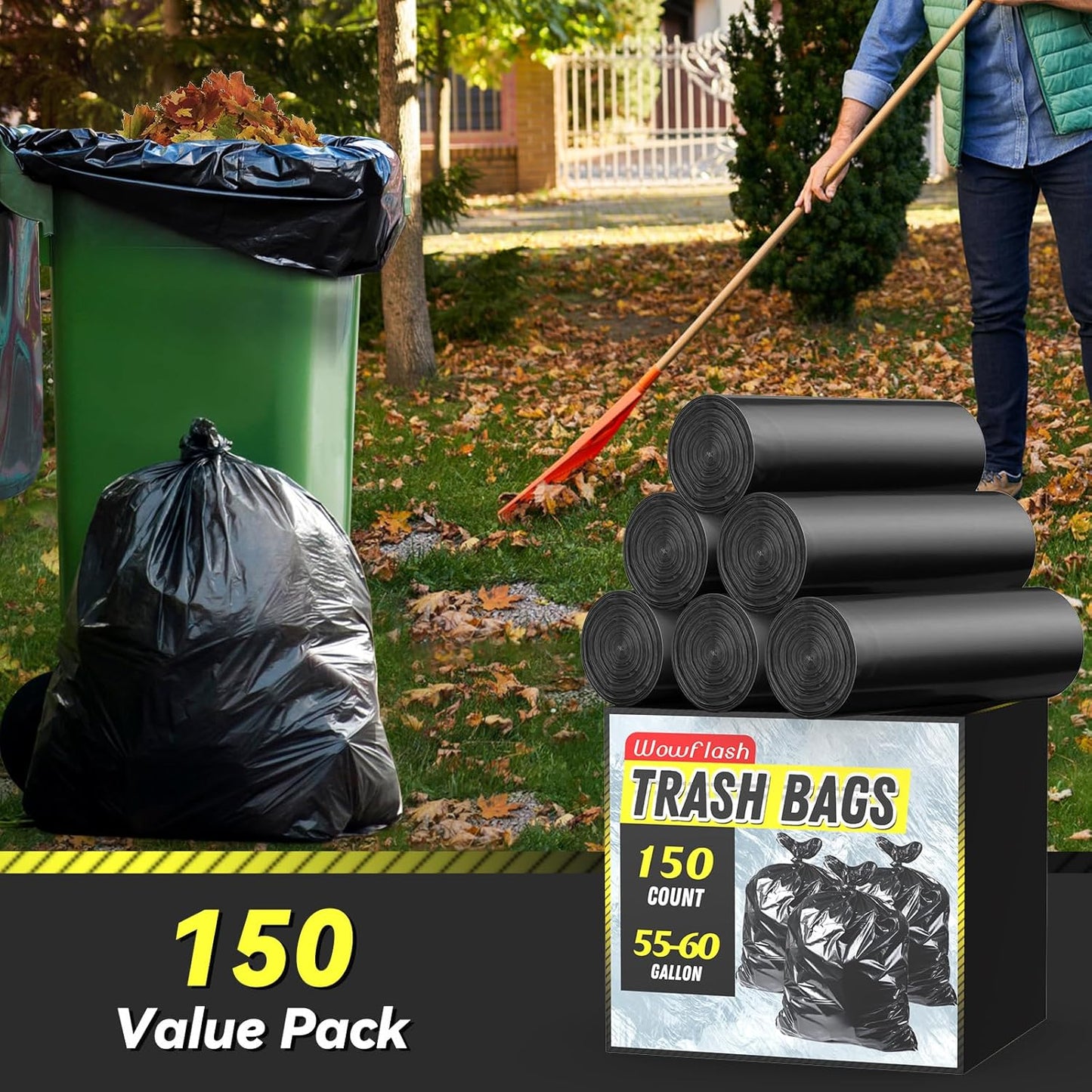100 Count 55-60 Gallon Trash Bags, Sturdy & Tear-Resistant Commercial Can Liners 55 Gallon, Large Garbage Bags, Large Black Trash Bags for Commercial, Lawn and Leaf Bags