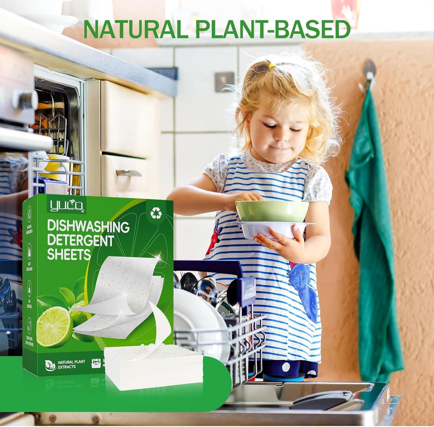 Dishwasher Detergents Sheets-100% Natural Plant-Based Eco Dishwashing Soap Solid Enzymes Grease Removal & Shiny Finish Compatible with Large & Small Dishwashers Tablets Residue-Free (Orange)
