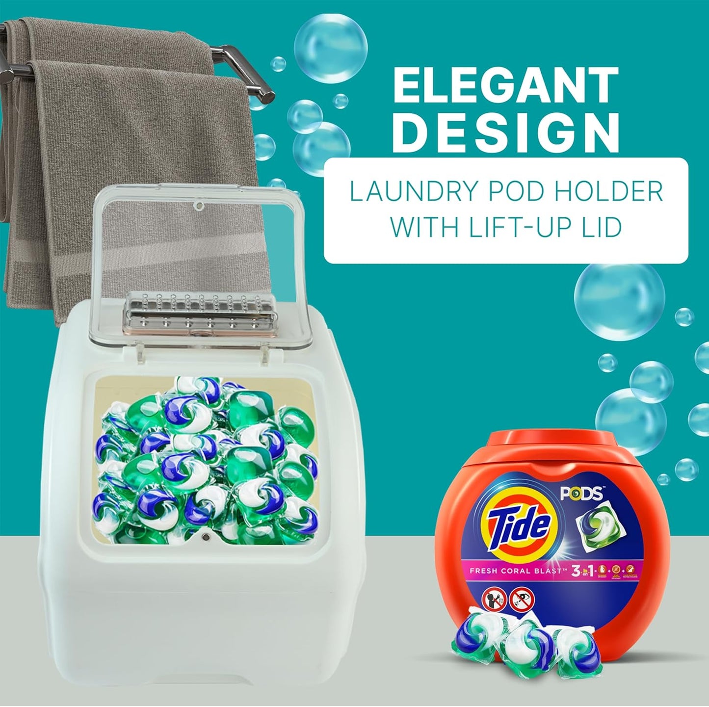 Skywin TidyFriend Laundry Pods Container with Lift Up Lid, 12.4" x 6.5" x 8.7", Airtight Storage Keeps Pods Fresh, Laundry Detergent Container & Dishwasher Pod Holder (Grey)