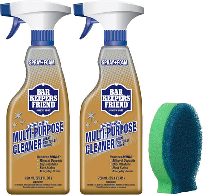 Bar Keepers Friend Spray + Foam Multipurpose Cleaner, 25.4 oz x 2, Surface Cleaner Removes Rust Stains, Mineral Deposits, Soap Scum, Grime & Tarnish