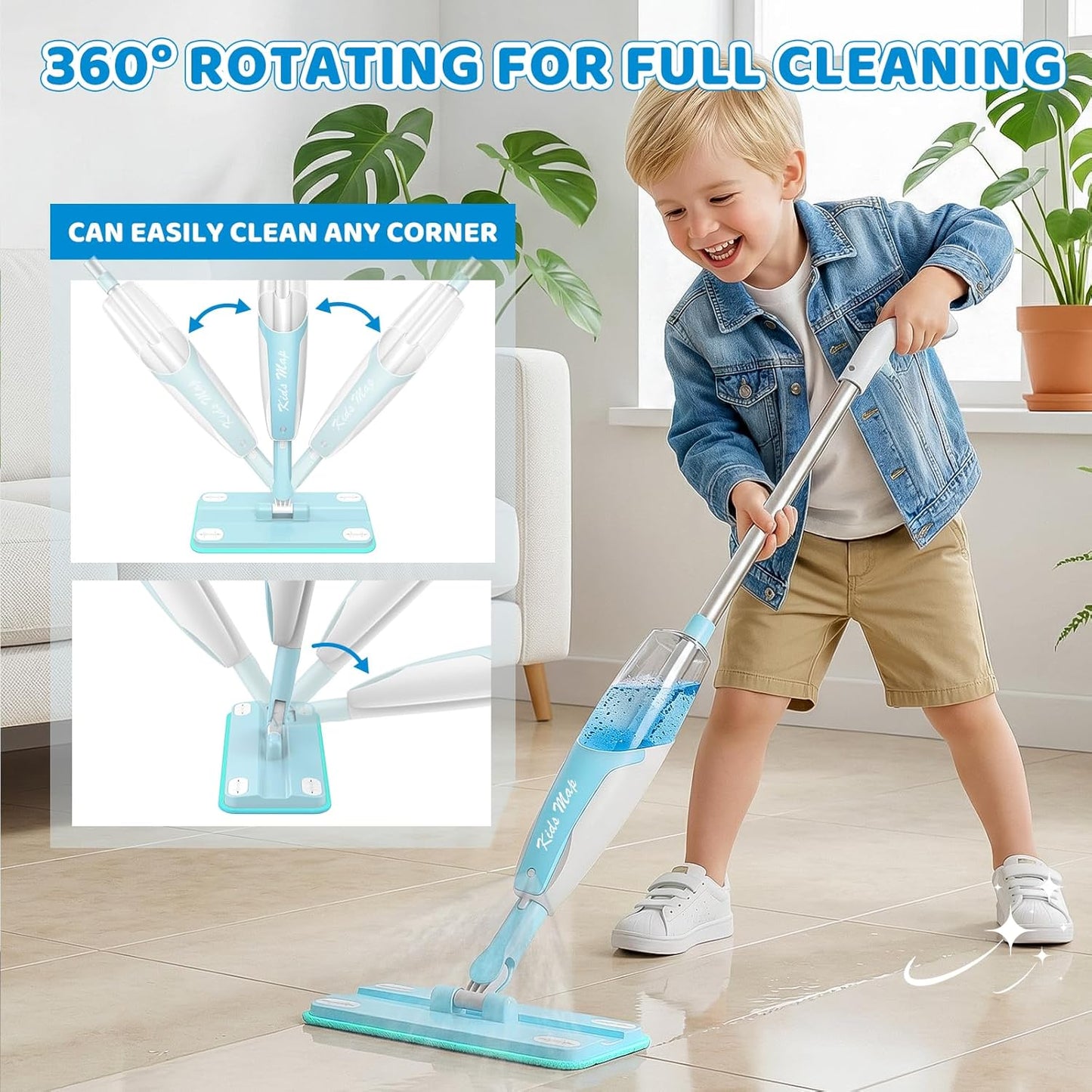 Kids Spray Mop - 30 Inch, 420ml Large Water Tank, Effective Cleaning Tool & Fun Montessori Toy, Pretend Play Housekeeping Set Toddlers Love (Magenta)