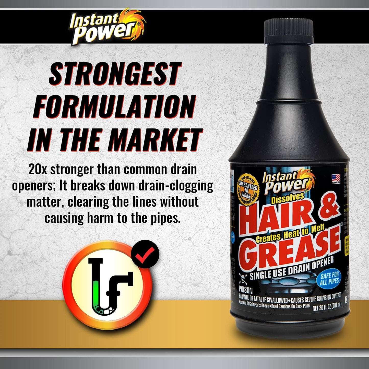 Instant Power Hair and Grease Drain Cleaner - Shower Drain & Sink Cleaner, Liquid Clog Remover, Made in USA, Sink Deodorizer - 1 Liter (Pack of 2)