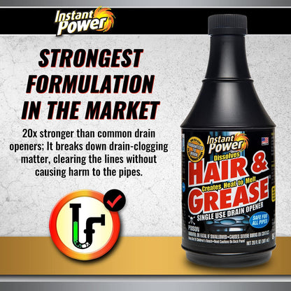 Instant Power Hair and Grease Drain Cleaner - Shower Drain & Sink Cleaner, Liquid Clog Remover, Made in USA, Sink Deodorizer - 1 Liter (Pack of 2)
