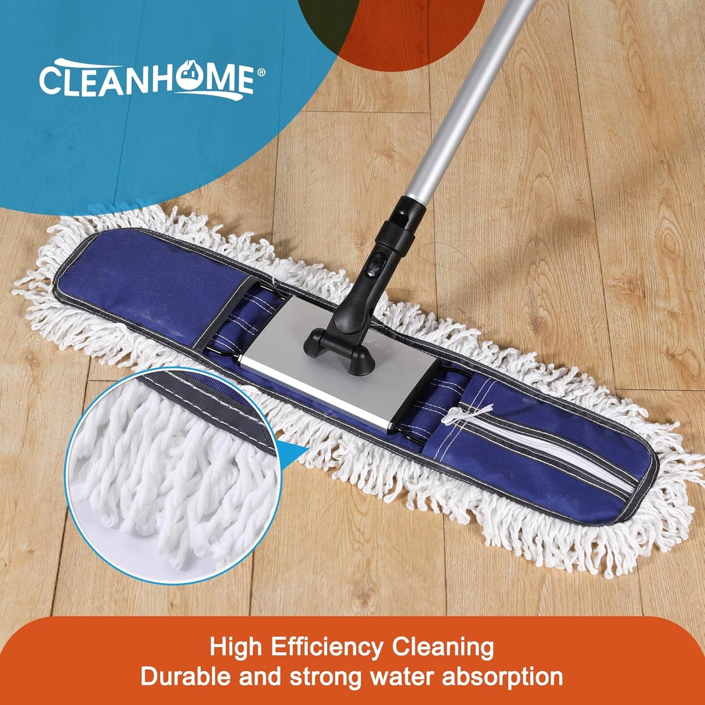 CLEANHOME 24" Commercial Dust Mop for Floor Cleaning, Heavy Duty Duster Floor Mop with 59” Extendable Long Handle,Hotel Gym Garage Hospital Household Cleaning Supplies for Hardwood,Marble Floors,Blue