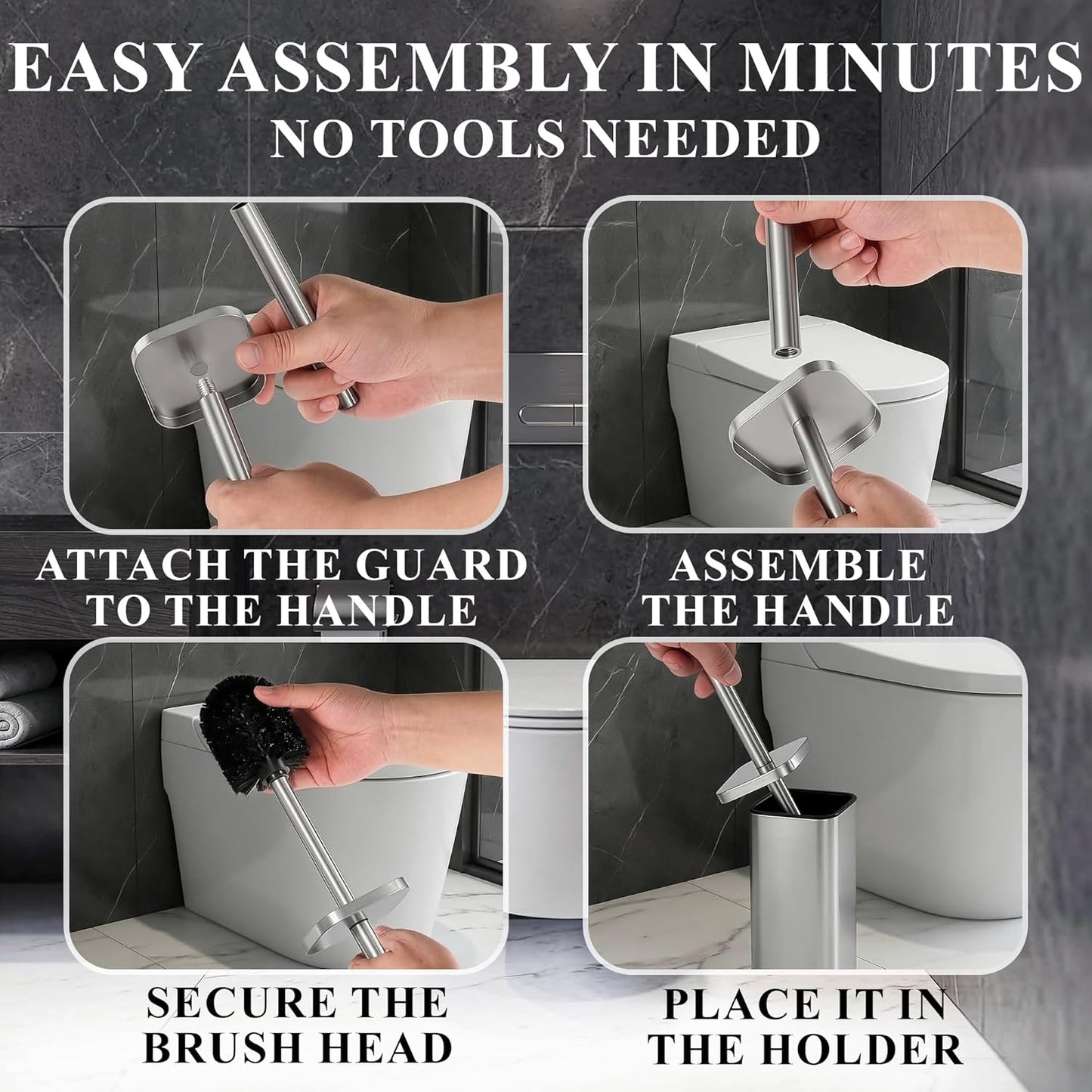 Stylish Stainless Steel Toilet Brush and Holder Set - Silver Toilet Bowl Brush and Holder with Splash Cover, Sturdy Bristles, Corrosion & Scratch Resistant - Elegant Design, Effective Deep Cleaning