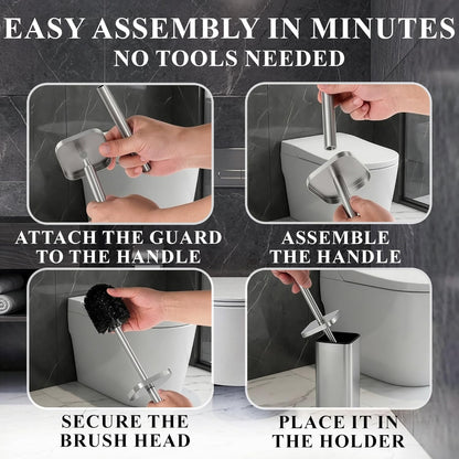 Stylish Stainless Steel Toilet Brush and Holder Set - Silver Toilet Bowl Brush and Holder with Splash Cover, Sturdy Bristles, Corrosion & Scratch Resistant - Elegant Design, Effective Deep Cleaning