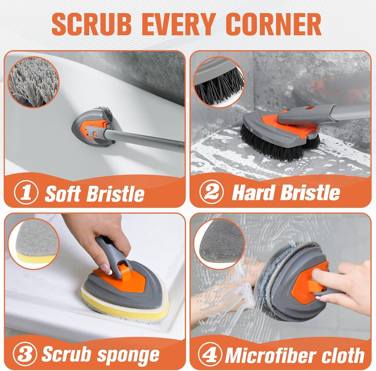 Eazer 4-in-1 Long-Handled Tub Scrubber-Versatile Bathroom Cleaning Brush with Shower Scrubber-Ideal Shower Cleaner Brush for Efficient Cleaning-Long Handle Scrub Brush for Shower, Tub, and Bathroom
