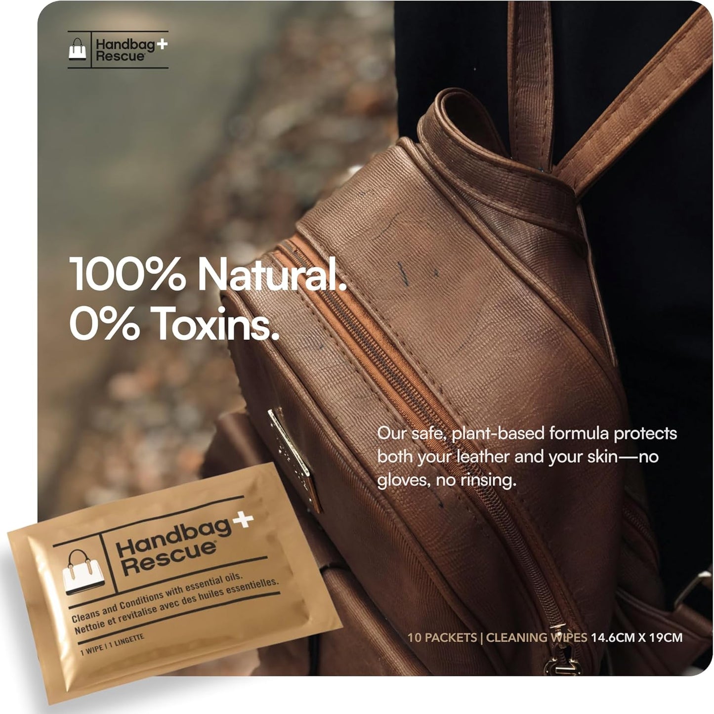 HandBagRescue All-Natural Cleaning Wipes. Remove Dirt & Surface Stains & Conditions Leather Handbags with Essential Oil. Box of 10 Individually Wrapped Wipes.