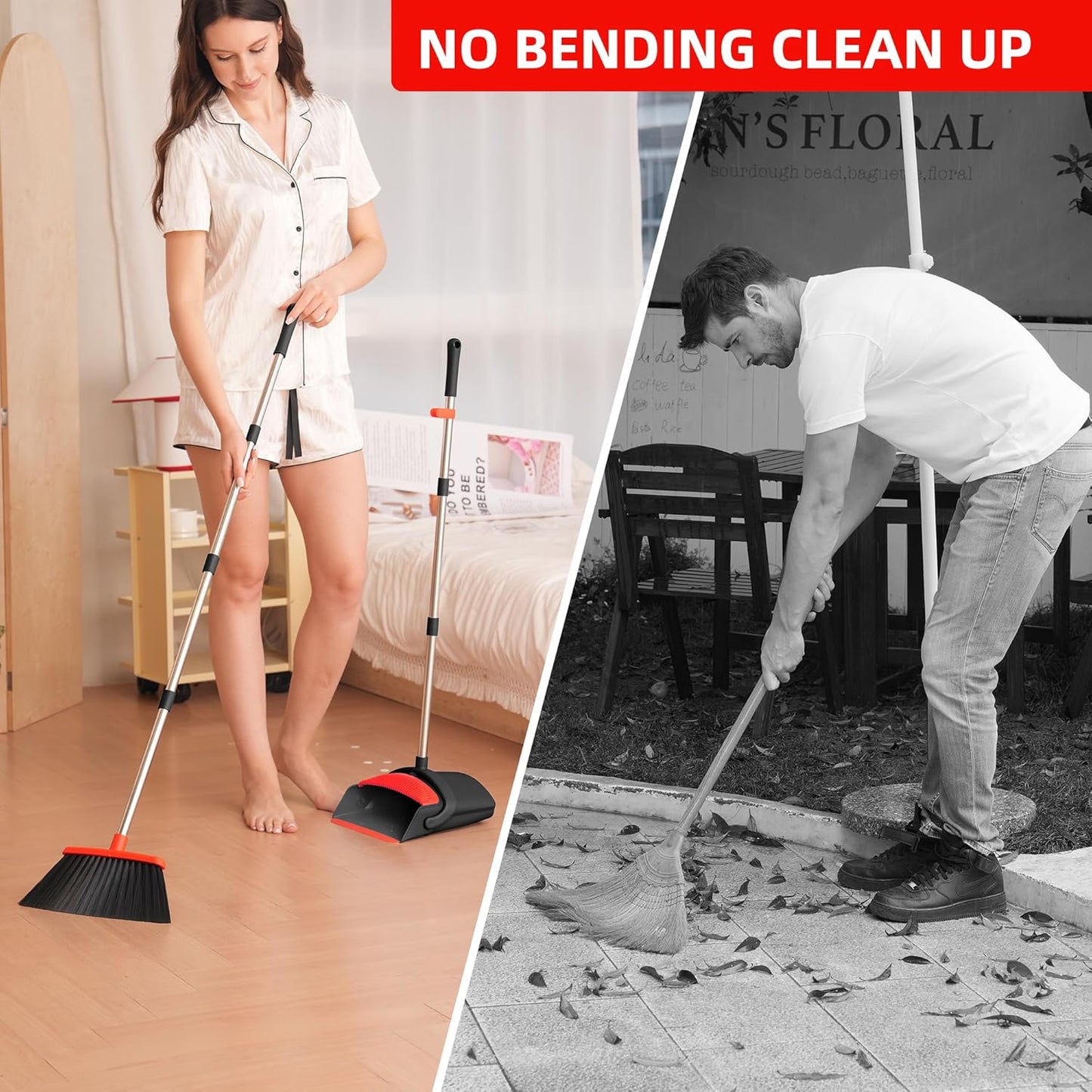 Broom with Dustpan Combo Set for Home 52-in Long Adjustable Handle Angle Broom and Dustpan Set with Dustpan Comb Teeth for Sweeping Pet Hair Food Dirt Kitchen (Black) (Black)