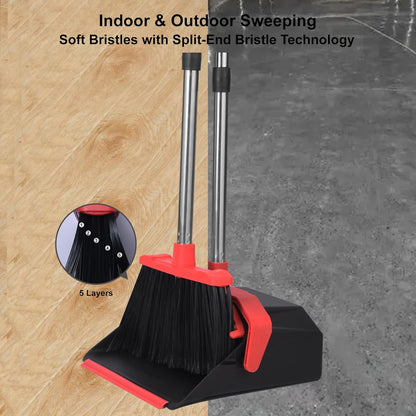 Tiumso 3-Pack Upright Broom with Dustpan Combo Set, Commercial Broom and Dustpan Set, Industrial Brooms and Dust Pan with Long Handle for Restaurant Kitchen Shop Warehouse Lobby Garage - Black