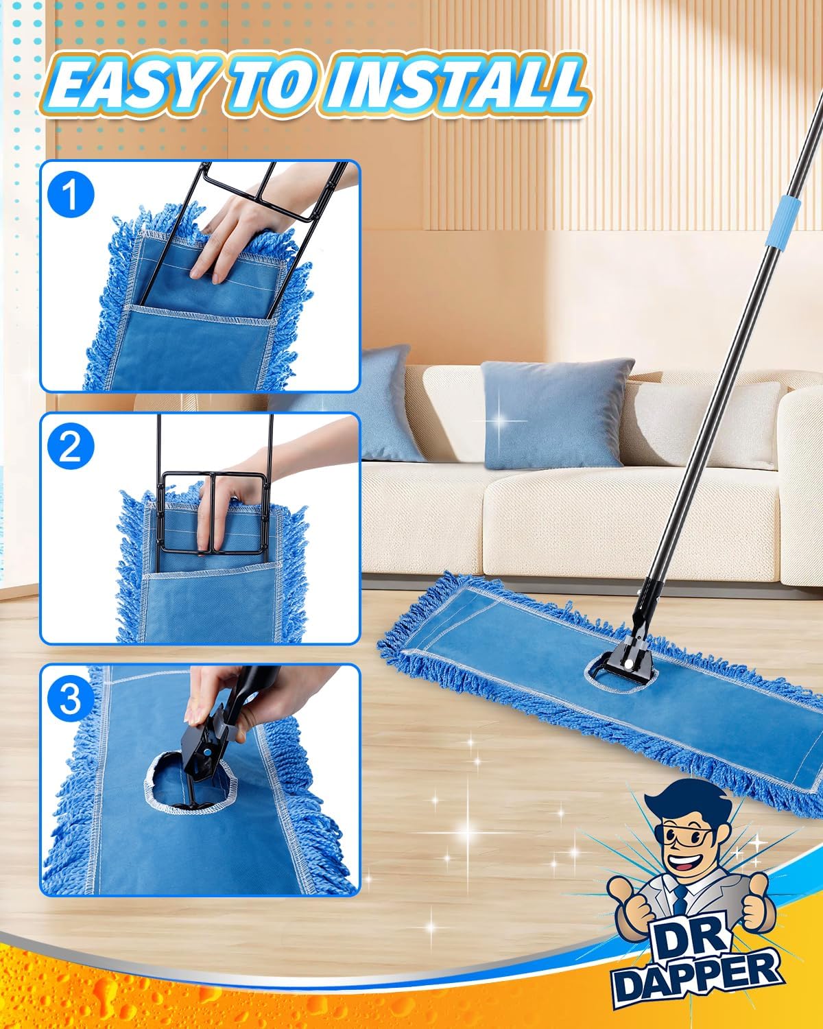 DR DAPPER 36-Inch Commercial Dust Mop Head, Large Washable Microfiber Dust Mop Replacement Head, Sweeper and Janitorial Supplies (Blue-2 Pack)