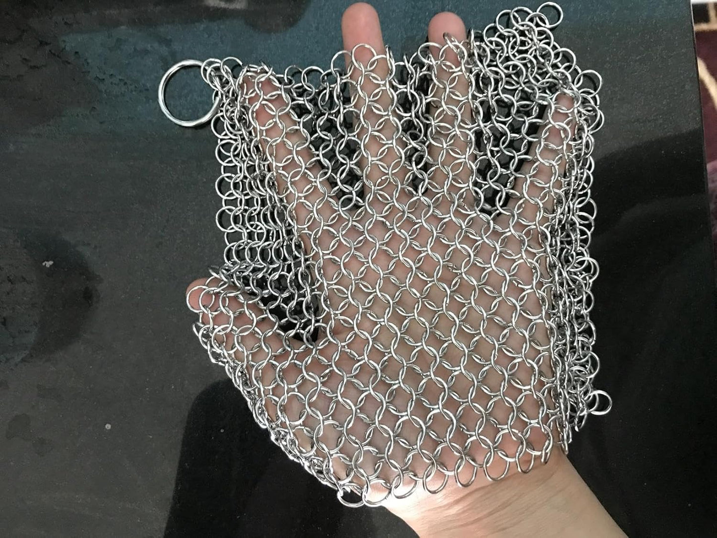 Rocky Mountain Goods 8” x 6” Chainmail Scrubber - 316L Stainless Steel Rings Cast Iron Cleaner for Pots, Griddles, Grills, Blackstone - Doesn’t Strip Away Seasoning or Flavor - Hanging Ring