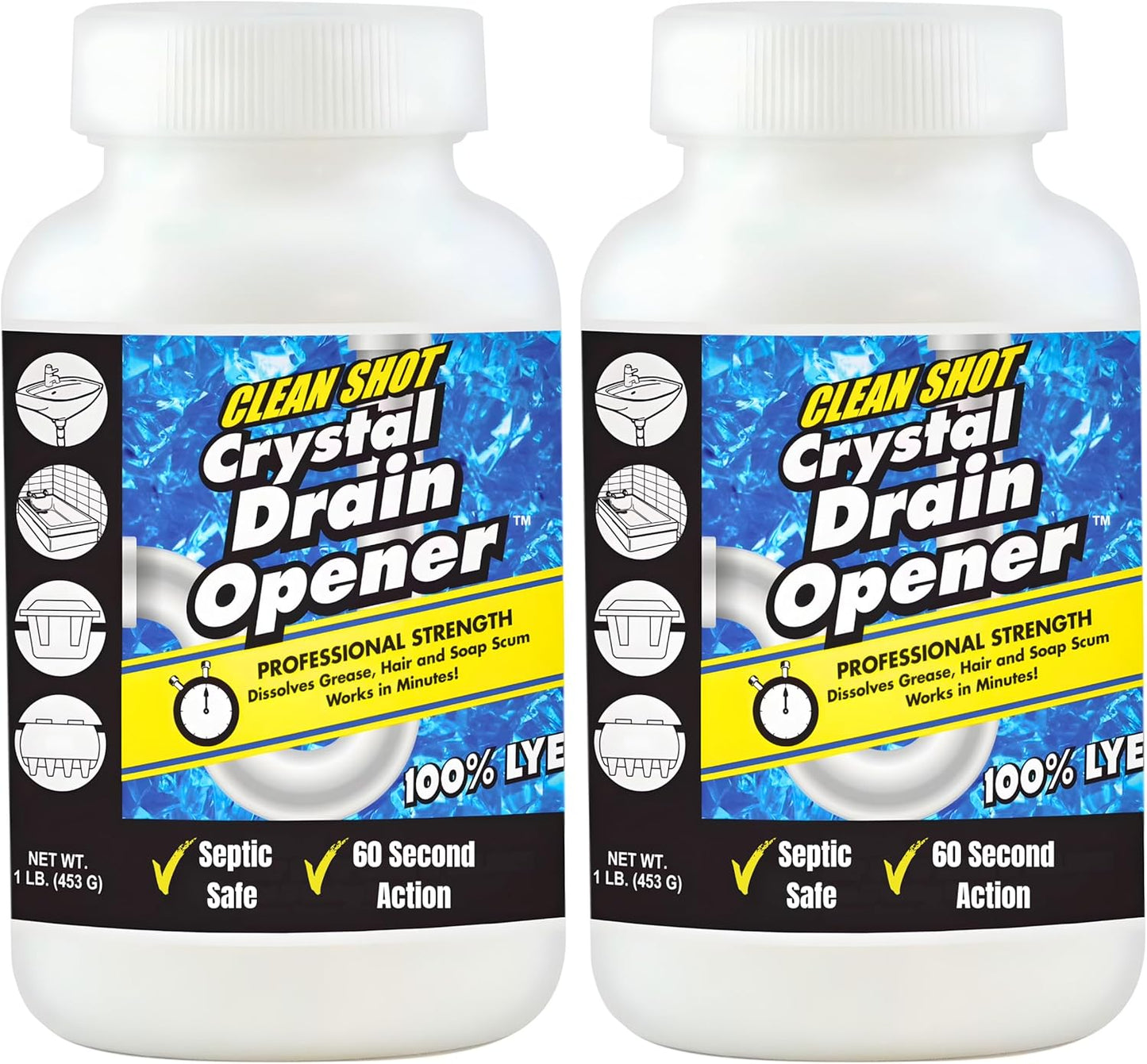 Clean Shot Crystal Lye Drain Opener - Professional Strength Cleaner for Tough Clogs - Heavy Duty Sodium Hydroxide Bathroom and Kitchen Sink, Shower, Pipes Unclogger, 1 lb
