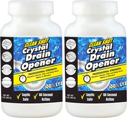 Clean Shot Crystal Lye Drain Opener - Professional Strength Cleaner for Tough Clogs - Heavy Duty Sodium Hydroxide Bathroom and Kitchen Sink, Shower, Pipes Unclogger, 1 lb
