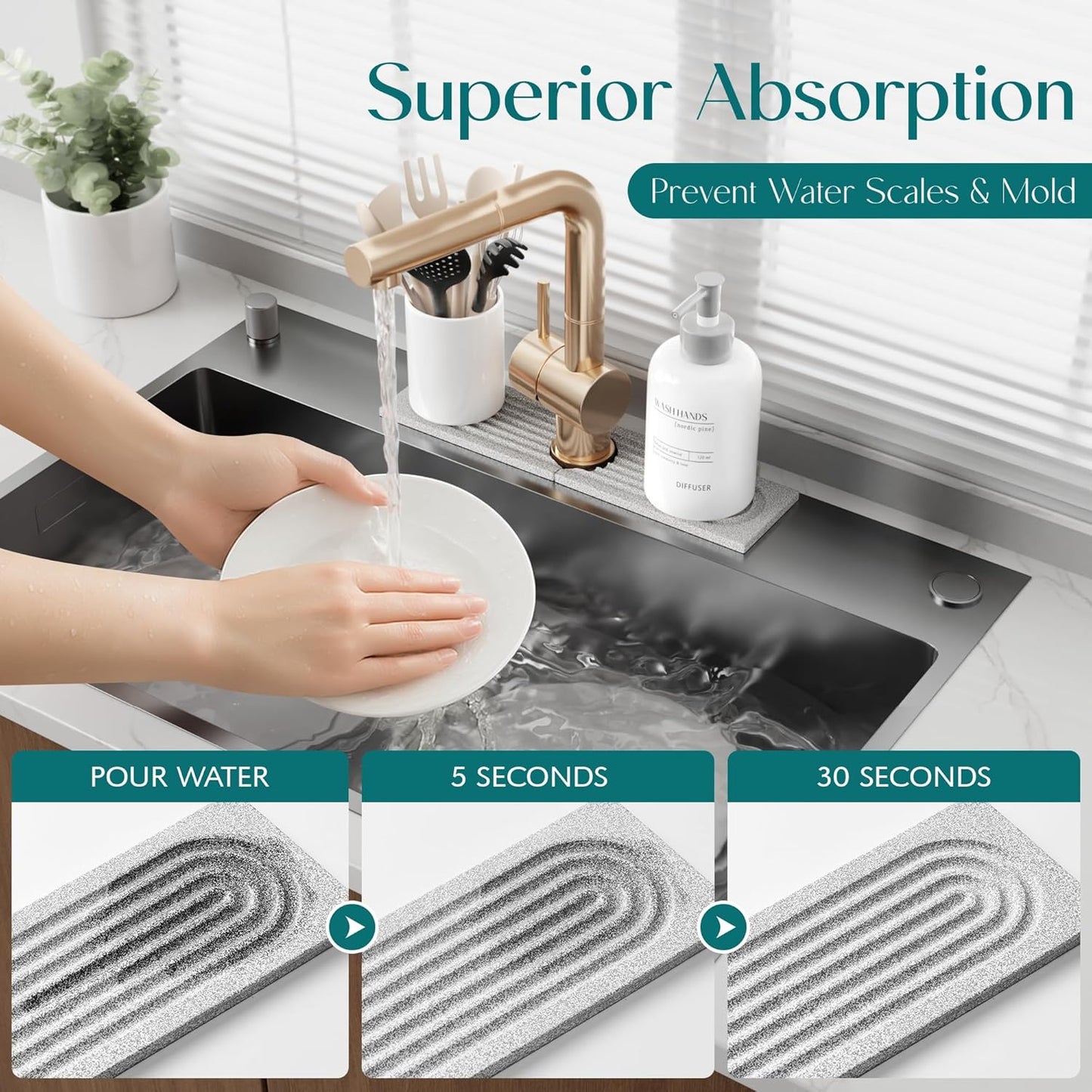 Eormoe Faucet Mat for Kitchen Sink – Diatomite Stone Drying Mat & Sink Protectors, Prevent Moisture – Sink Splash Guard Water-Absorbing Stone Tray for Bathroom Counter (Light Grey, 23.6" x 3.9")
