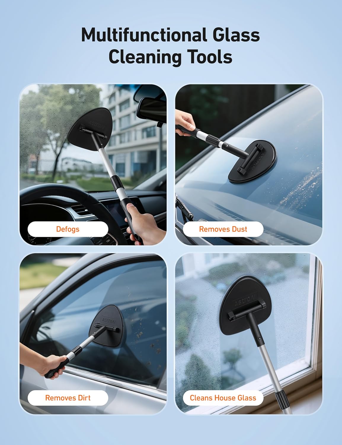 AstroAI Car Windshield Cleaner Tool, Window Cleaning Kit with 39in Car Mirror Squeegee, 4 Reusable Microfiber Pads and Extendable Handle, Blue