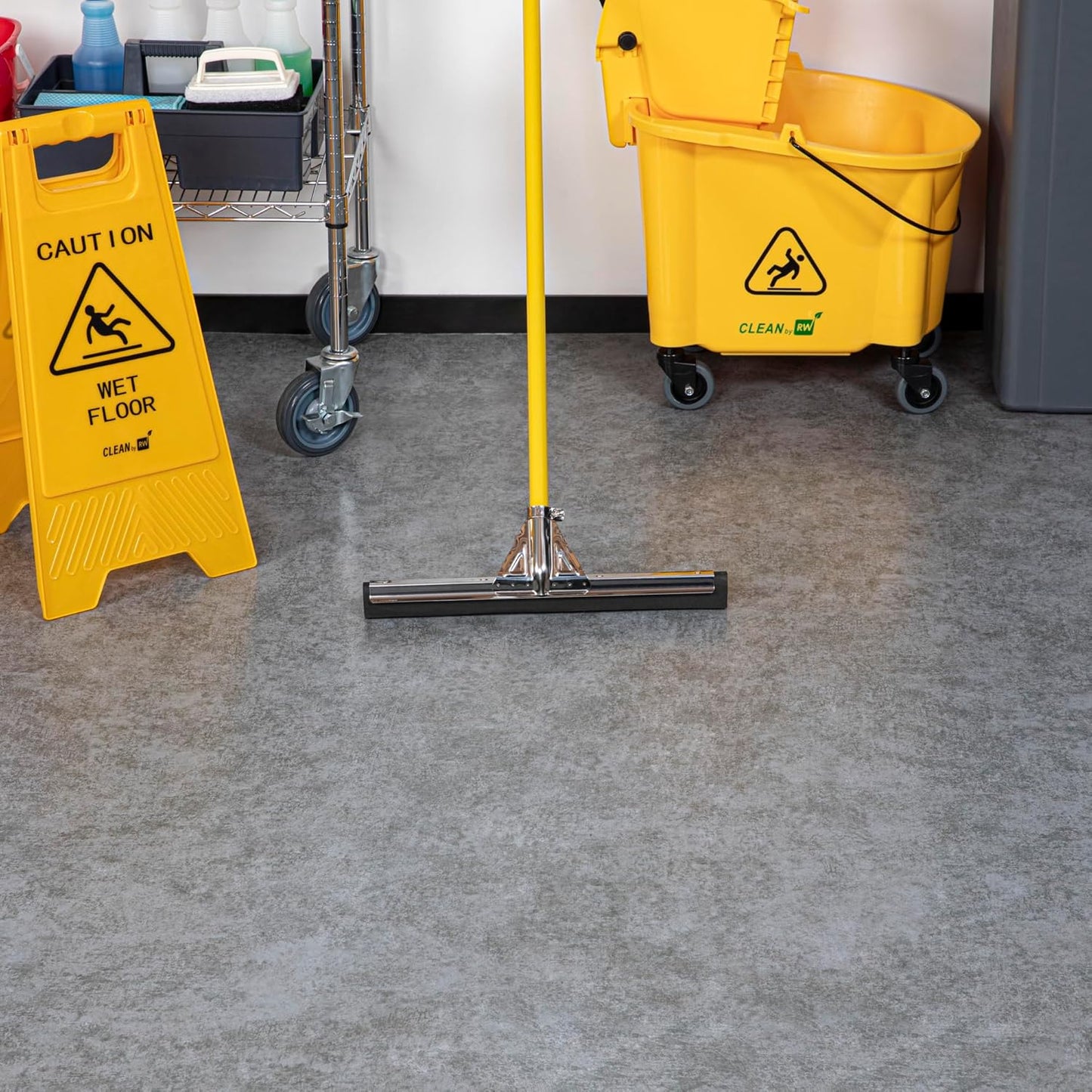 Restaurantware RW Clean 54.3 Inch Non-Slip Handle For Floor Squeegee - Hanging Loop Durable Yellow Iron Handle