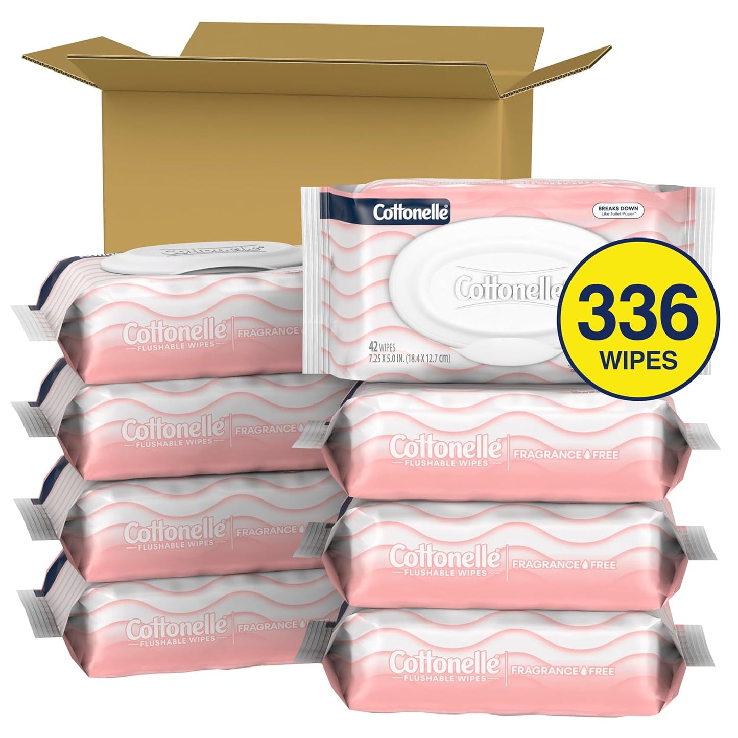 Cottonelle Fragrance Free Flushable Wet Wipes, Adult Wet Wipes, 2 Flip-Top Packs, 42 Wipes Per Pack