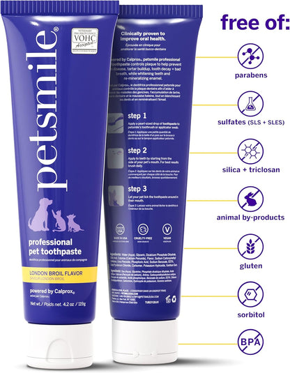 Petsmile Professional Pet Toothpaste for Cats & Dogs - VOHC Accepted Toothpaste - Clinically Proven to Control Plaque & Tartar Calprox Formula (London Broil, 4.2 Oz)