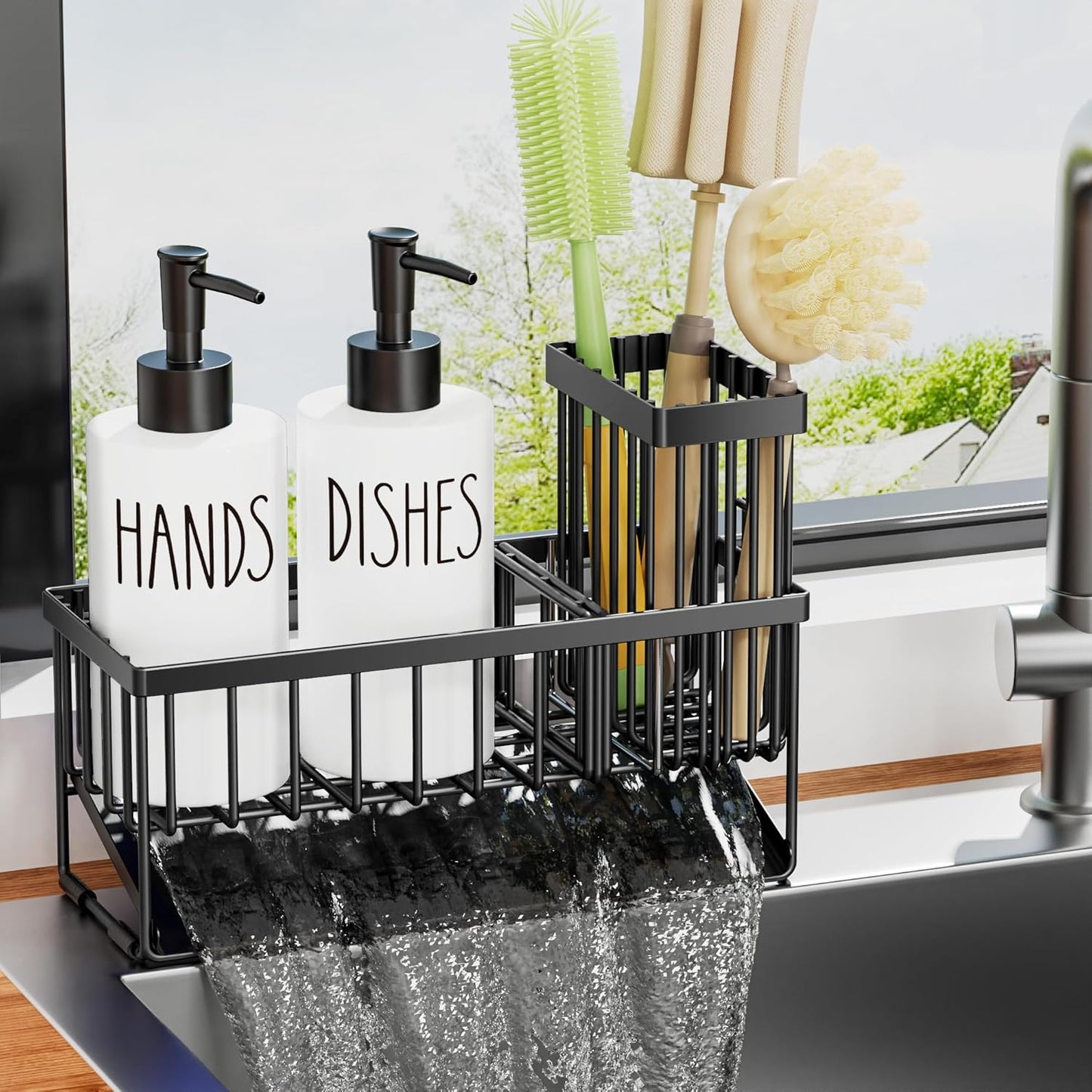 MASADI Kitchen Sink Caddy with Dish Soap Dispenser Set, 12OZ Glass Bottle, Hand and Dish Soap Dispenser Set, Non-Slip Silicone Pad, Brush Holder, Kitchen Sink Organizer Countertop (Black+Clear)