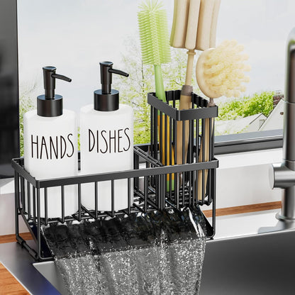 MASADI Kitchen Sink Caddy with Dish Soap Dispenser Set, 12OZ Glass Bottle, Hand and Dish Soap Dispenser Set, Non-Slip Silicone Pad, Brush Holder, Kitchen Sink Organizer Countertop (Black+Clear)