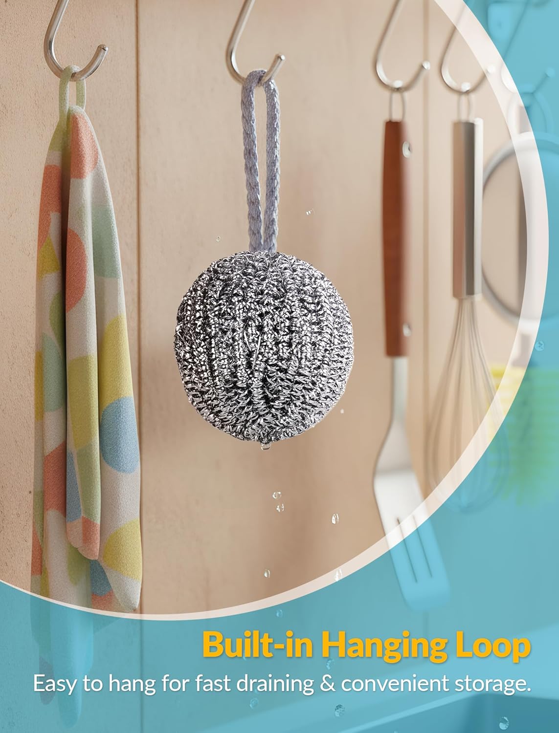 NiHome 10-Pack Steel Wool Scrubbers for Kitchen Cleaning, Stainless Steel Scourers with Hanging String, Reusable Rust-Resistant Scrubbers for Pots, Pans, Grill Racks, Sinks, Cast Iron