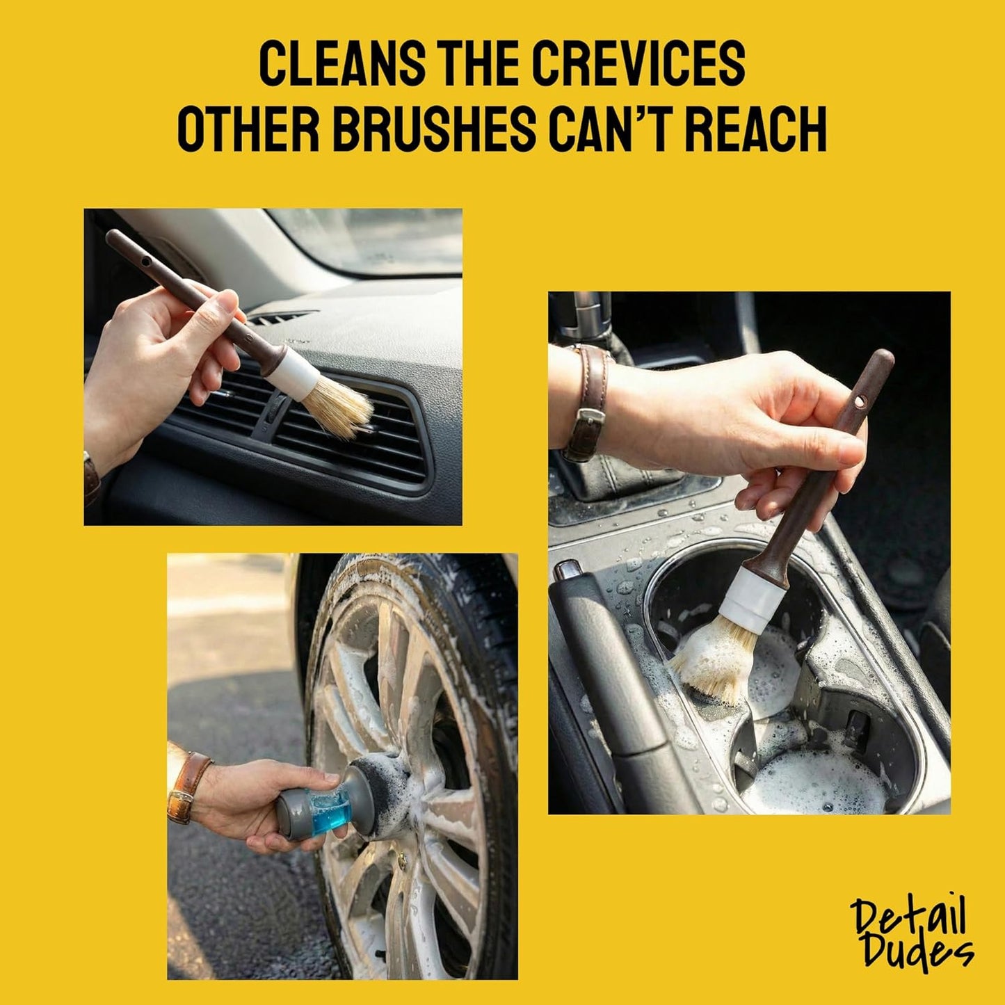 Detail Dudes Car Detailing Brush Set 3-pc - Scratch-Free Boars Hair for Interior and Exterior Work - Pro Quality Car Cleaning Brush Kit for Leather Seats, Dashboards, Wheels, Grills and Paint