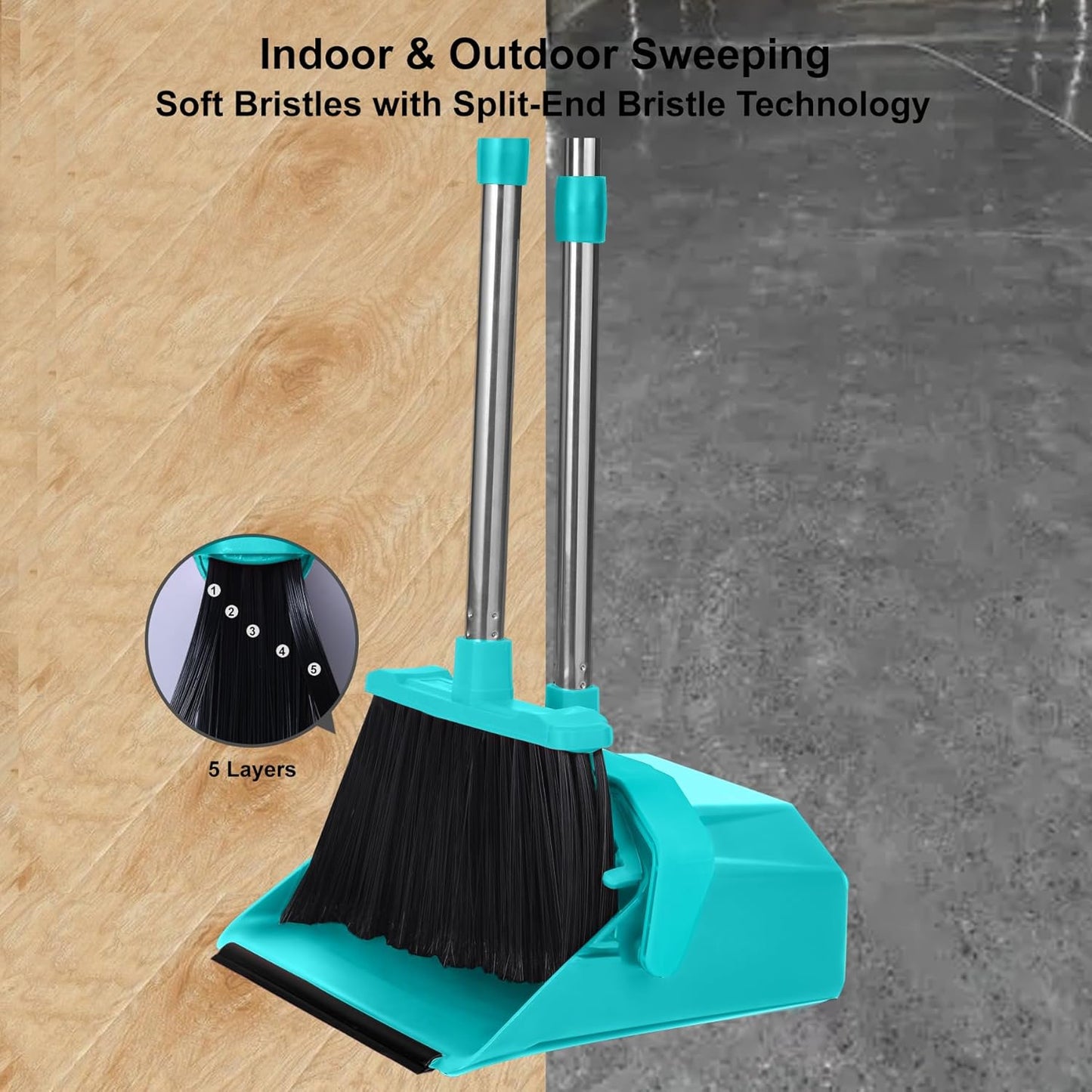 Tiumso Upgrade Broom with Dustpan Combo Set, Broom and Dustpan Set with 51'' Long Handle, Dust Pan and Brooms, ZeroGap Lip, Self-Cleaning Dustpans Teeth for Lobby Kitchen Restaurant - Black and Red