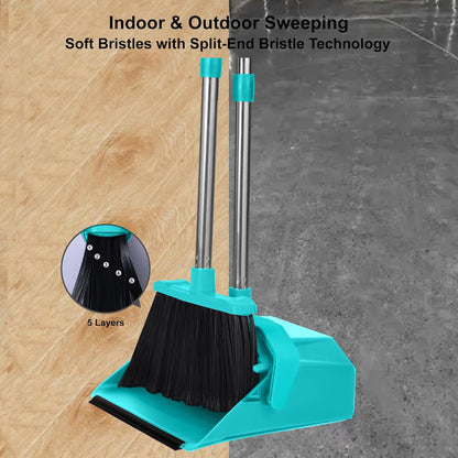 Tiumso Upgrade Broom with Dustpan Combo Set, Broom and Dustpan Set with 51'' Long Handle, Dust Pan and Brooms, ZeroGap Lip, Self-Cleaning Dustpans Teeth for Lobby Kitchen Restaurant - Black and Red