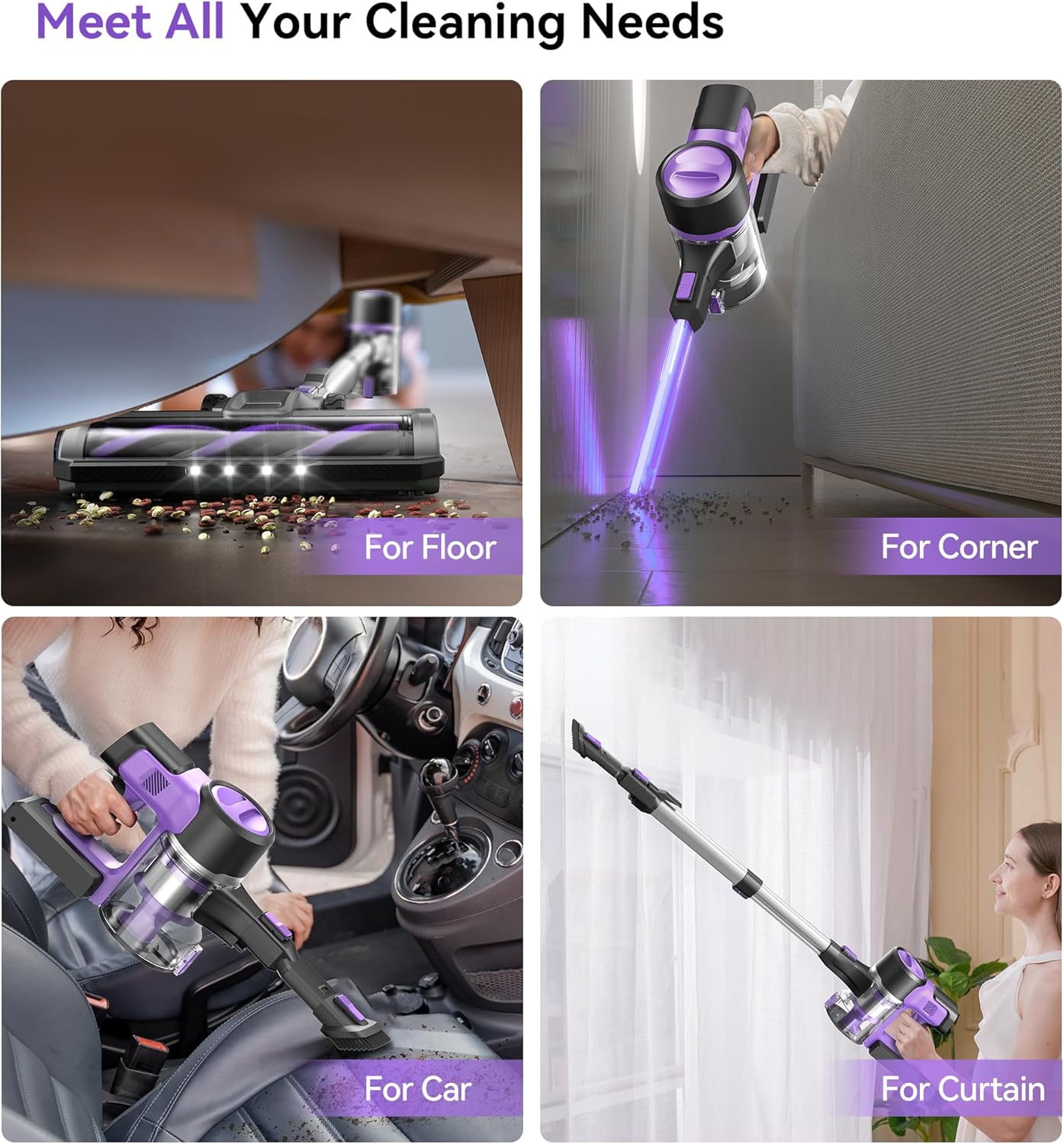 S10 Cordless Vacuum Cleaner, 55Kpa 60mins Lightweight Stick Vacuum with Powerful Suction for Home, Rechargeable, Self-Standing, Handheld Vacuum Cleaners for Hardwood Floors, Carpets, Violet