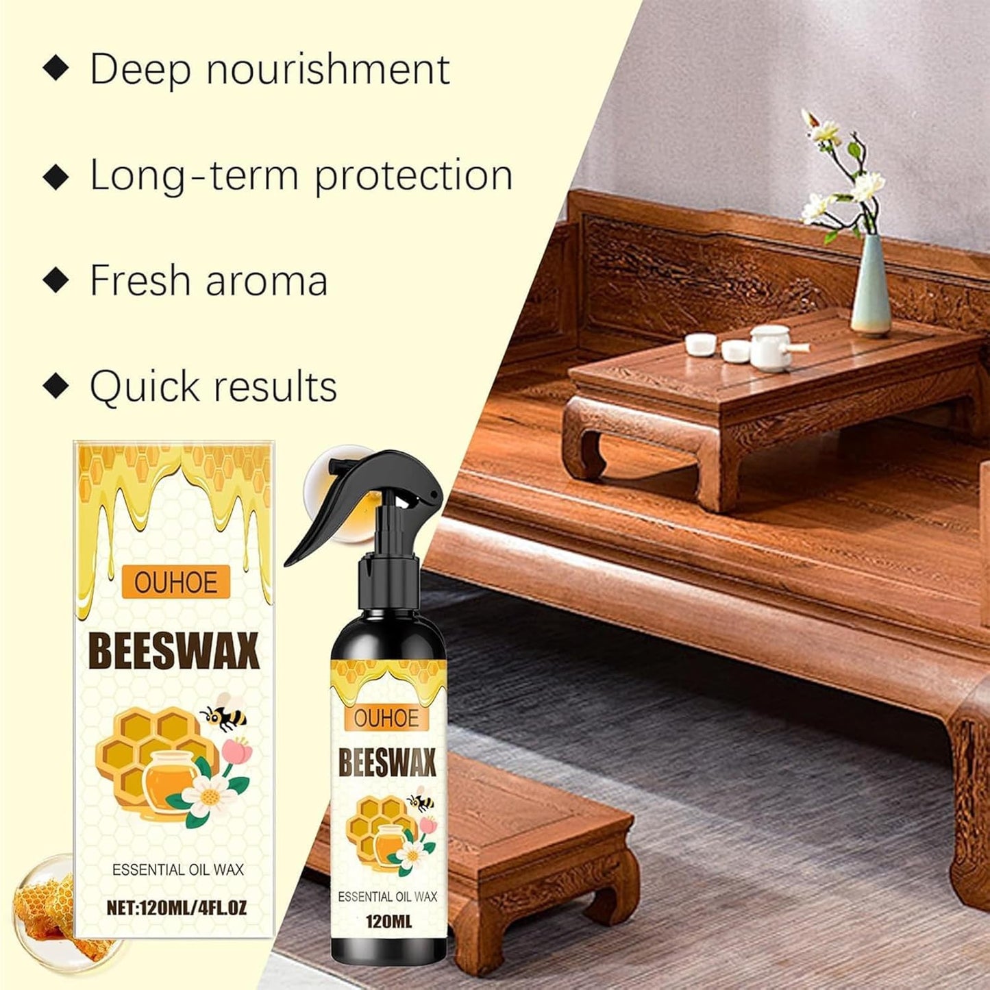 Natural Beeswax Repairing and Care Spray – Beeswax Wood Polish & Cleaner, Furniture Polish Spray, Wood Conditioner & Restorer for Floors, Cabinets, Tables and Wood Surfaces (1 PCS)