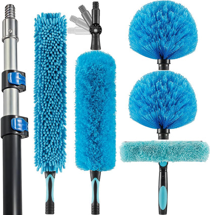 20 Foot High Ceiling Fan Duster with 5-12ft Extension Pole, Extendable Reusable Cobweb, Feather, Window Cleaning Squeegee Kit
