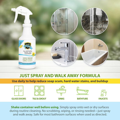 Natural Armor Tub & Tile Cleaner Spray - Daily No-Rinse Bathroom Cleaner w/Peppermint Scent for Shower Glass, Tile, Grout & Tubs - Plant-Based Formula Safe for People & Pets (32 fl oz Quart)