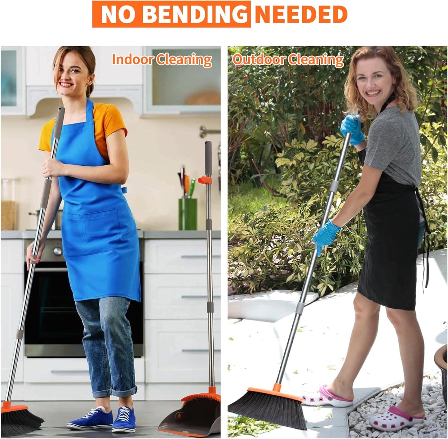 Upgraded Broom and Dustpan Set, 52" Long Handle Standing Combo with Self-Cleaning Teeth – Perfect for Pet Hair, Kitchen, Office, Home, Indoor & Outdoor Cleaning(Orange & Gray)