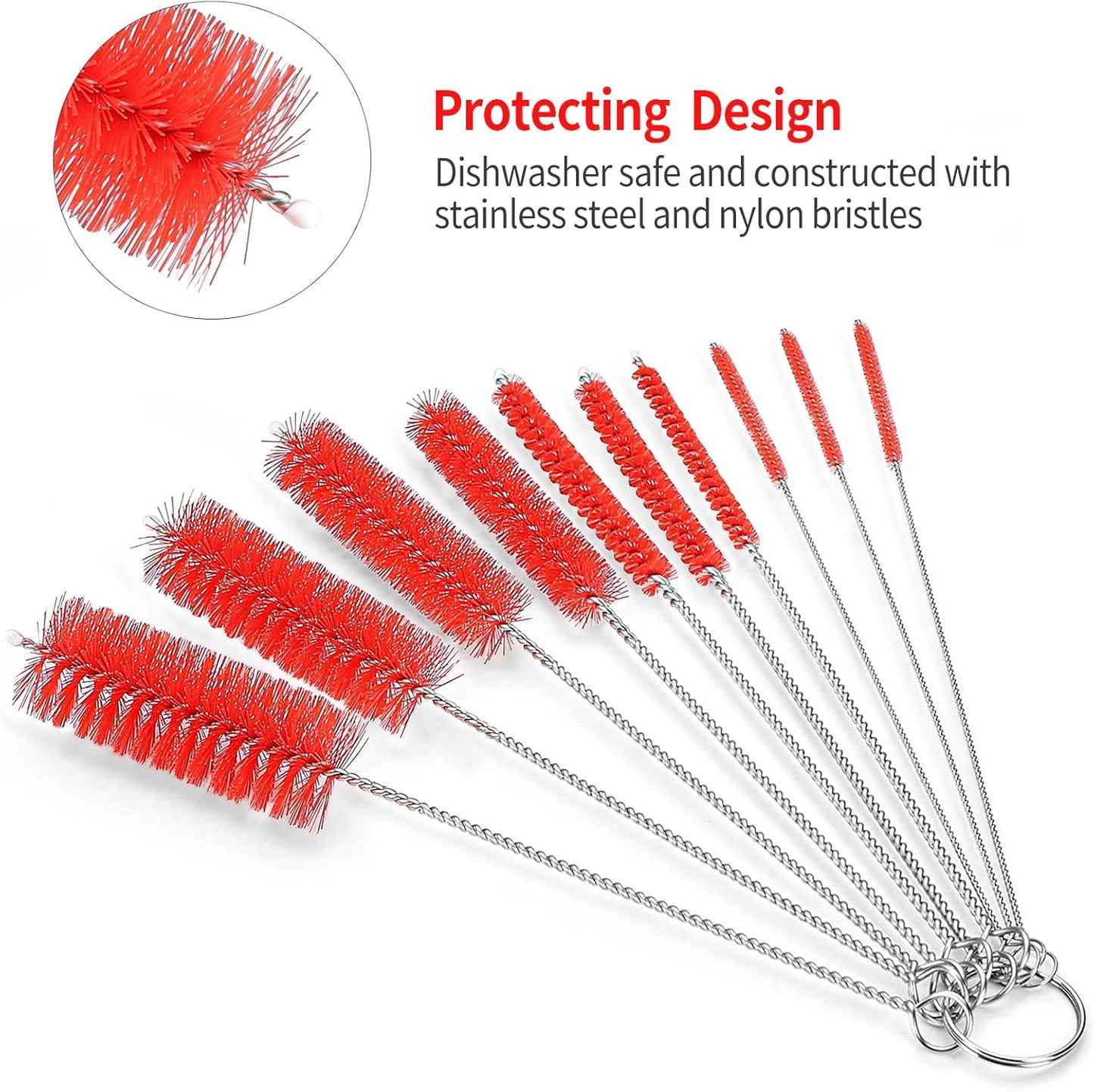 CiaraQ Bottle Cleaning Brushes, 8 Inch Nylon Tube Brush Set, Cleaner for Narrow Neck Bottles Cups with Hook, Set of 10pcs