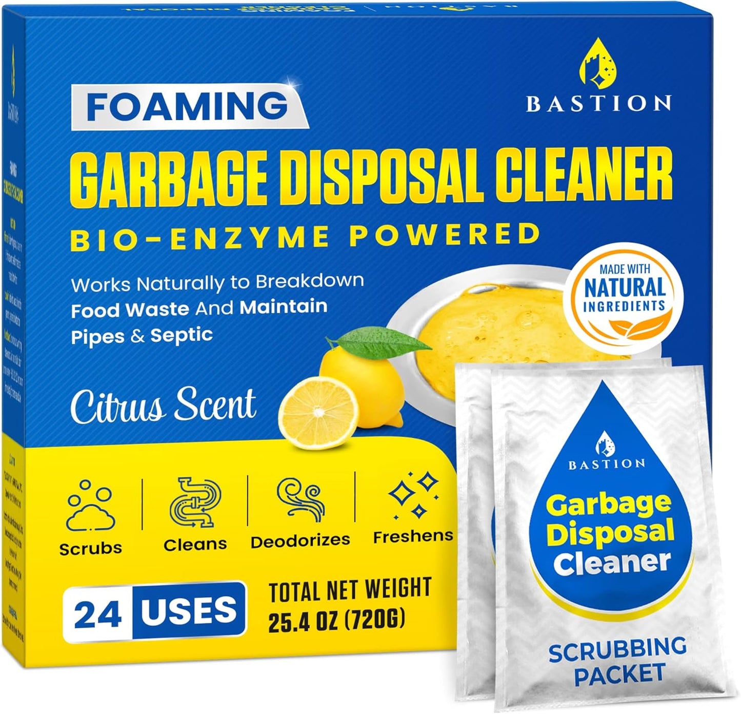 Bastion Garbage Disposal Cleaner and Deodorizer - 24-Count (1-Year Supply) Foaming Lemon Scented Kitchen Sink Freshener Pods & Drain Odor Eliminator Disposer Care