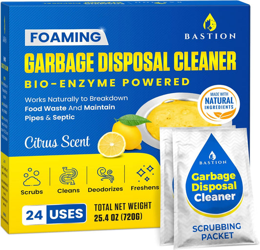 Bastion Garbage Disposal Cleaner and Deodorizer - 24-Count (1-Year Supply) Foaming Lemon Scented Kitchen Sink Freshener Pods & Drain Odor Eliminator Disposer Care