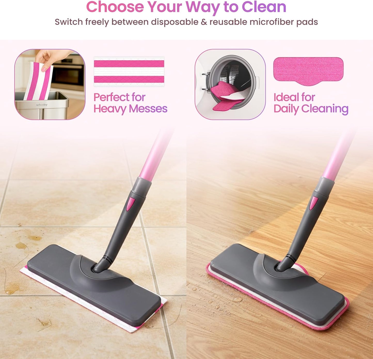 Schenley Steam Mop Cleaner Powerful - 15s Fast Heat-Up, Chemical-Free for Hardwood/Tile/Laminate & Floors/Walls, Washable Pads, 3 Modes for Carpet, Lightweight, Self-Standing, Sleek Design