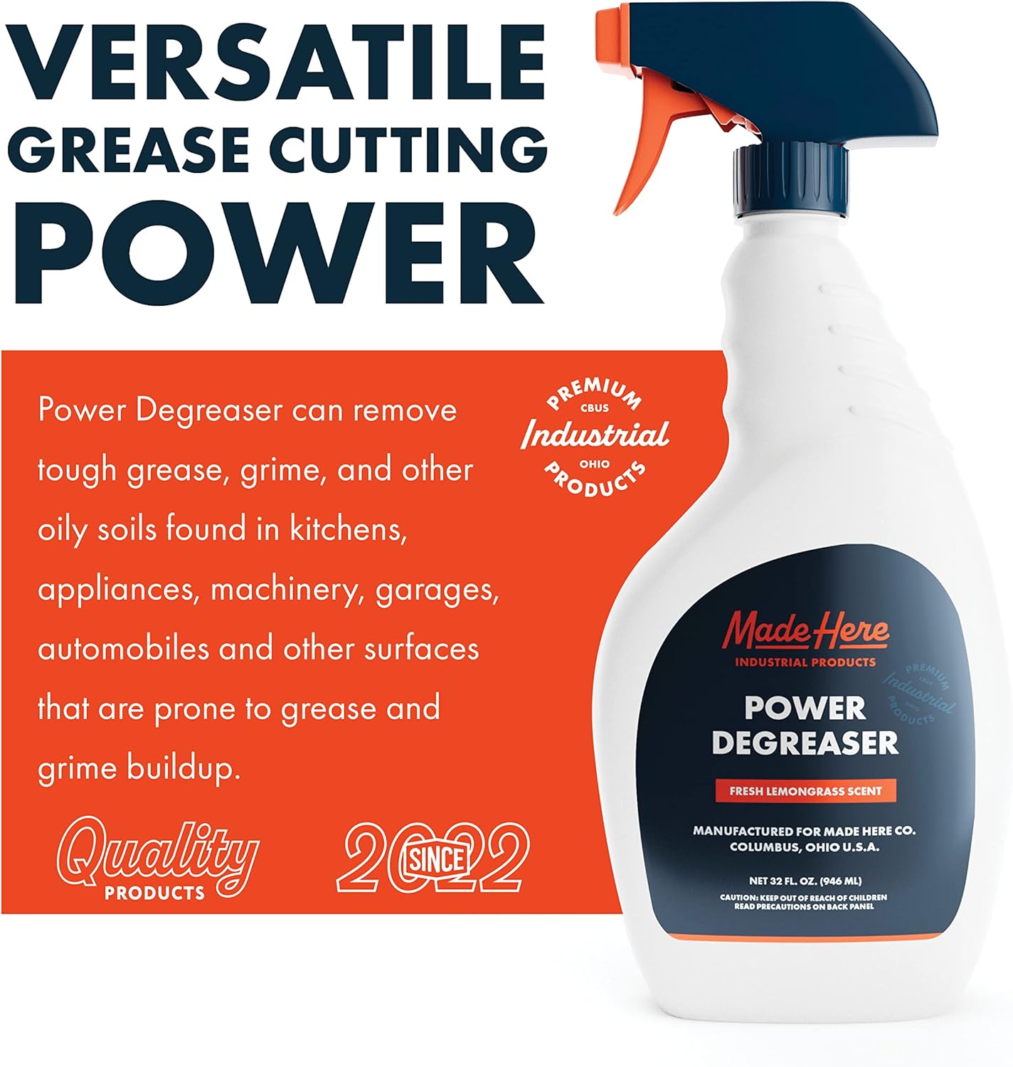 Made Here Co. Professional Strength Degreaser for Kitchens, Industrial pH Neutral and Biodegradable Easy Spray & Wipe,Lemongrass Scent,Safely Responsible for People and Environment,packaging may vary