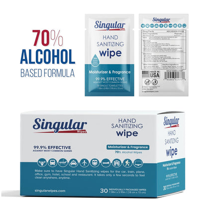 Hand Sanitizing Wipes Travel Size by Singular Wipes – 24ct Individually Wrapped | Fresh Citrus Scent, Moisturizing, 70% Alcohol Wipes | Travel, Office, School, Home | Made in USA