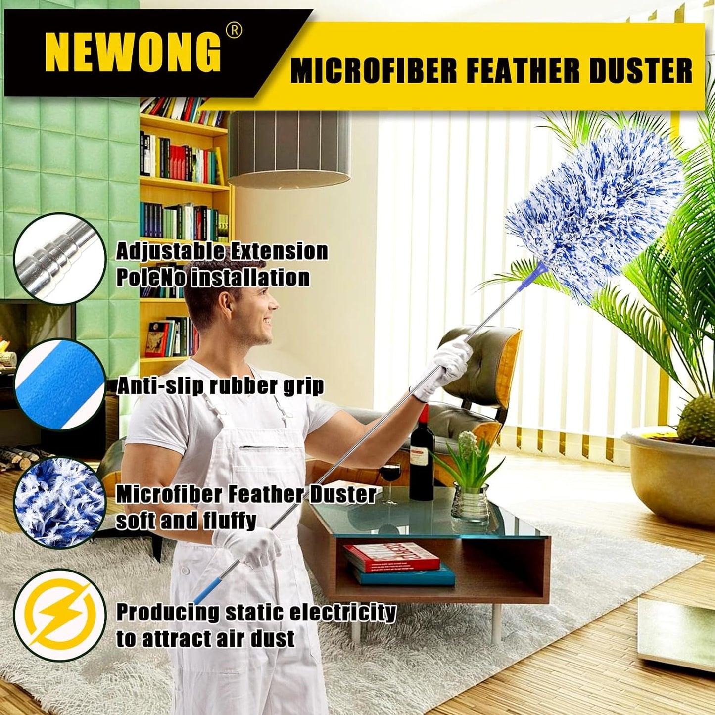 20-49inches Extendable Microfiber Feather Duster with 10pcs Replaceable Heads, Extra Long Bendable Duster for Cleaning, Electrostatic Dust Remove for Furniture, Ceiling, Window,etc (Navy Blue)