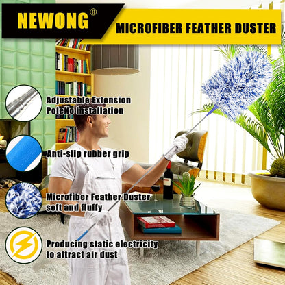20-49inches Extendable Microfiber Feather Duster with 10pcs Replaceable Heads, Extra Long Bendable Duster for Cleaning, Electrostatic Dust Remove for Furniture, Ceiling, Window,etc (Navy Blue)