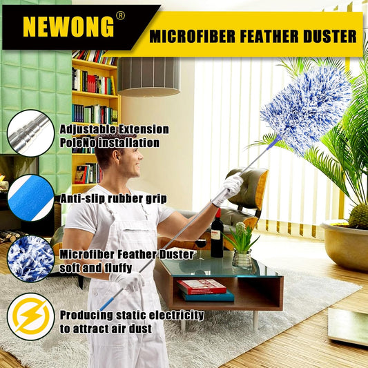 20-49inches Extendable Microfiber Feather Duster with 10pcs Replaceable Heads, Extra Long Bendable Duster for Cleaning, Electrostatic Dust Remove for Furniture, Ceiling, Window,etc (Navy Blue)