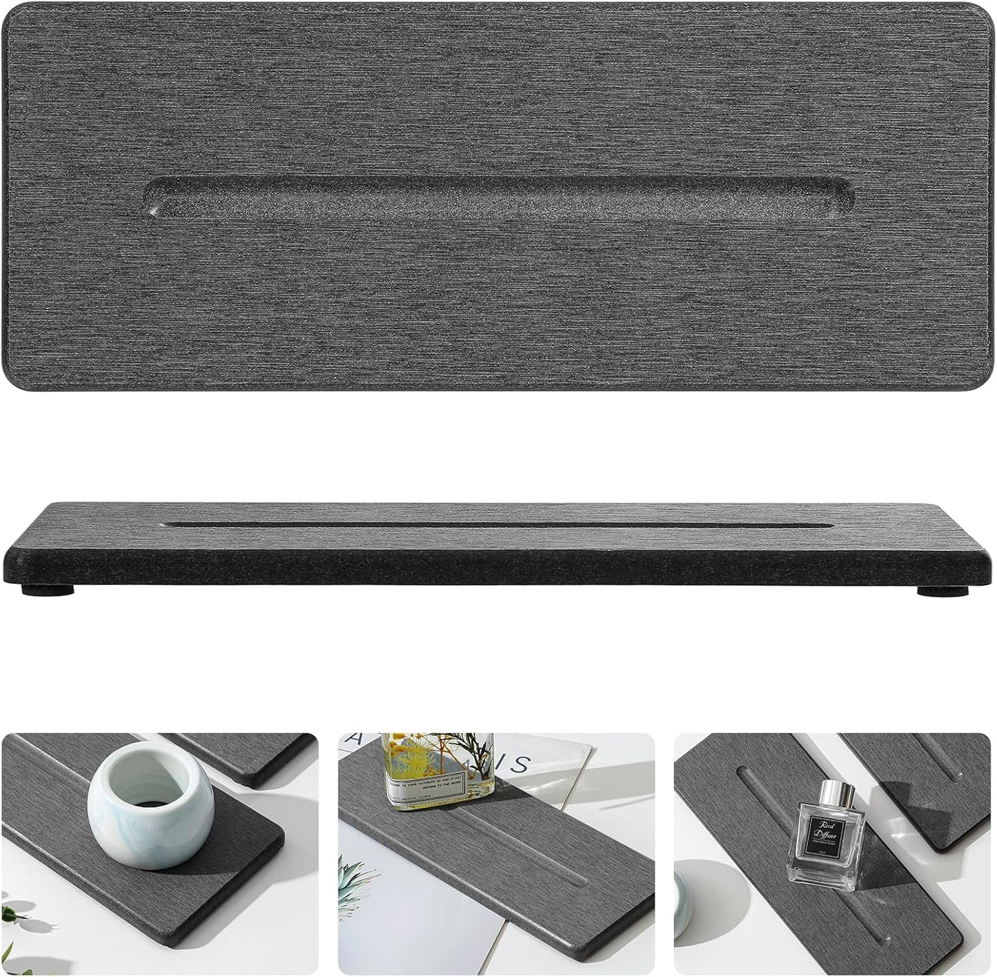 Fast Water Absorption Sink Organizer Tray Set, 3-Pack Compact and Space-Saving Stone Soap Holder Caddy for Kitchen & Bathroom Counter, Faucet Splash Guard, White (1pc of 8"x3.8" + 2pcs of 3.8"x3.8")