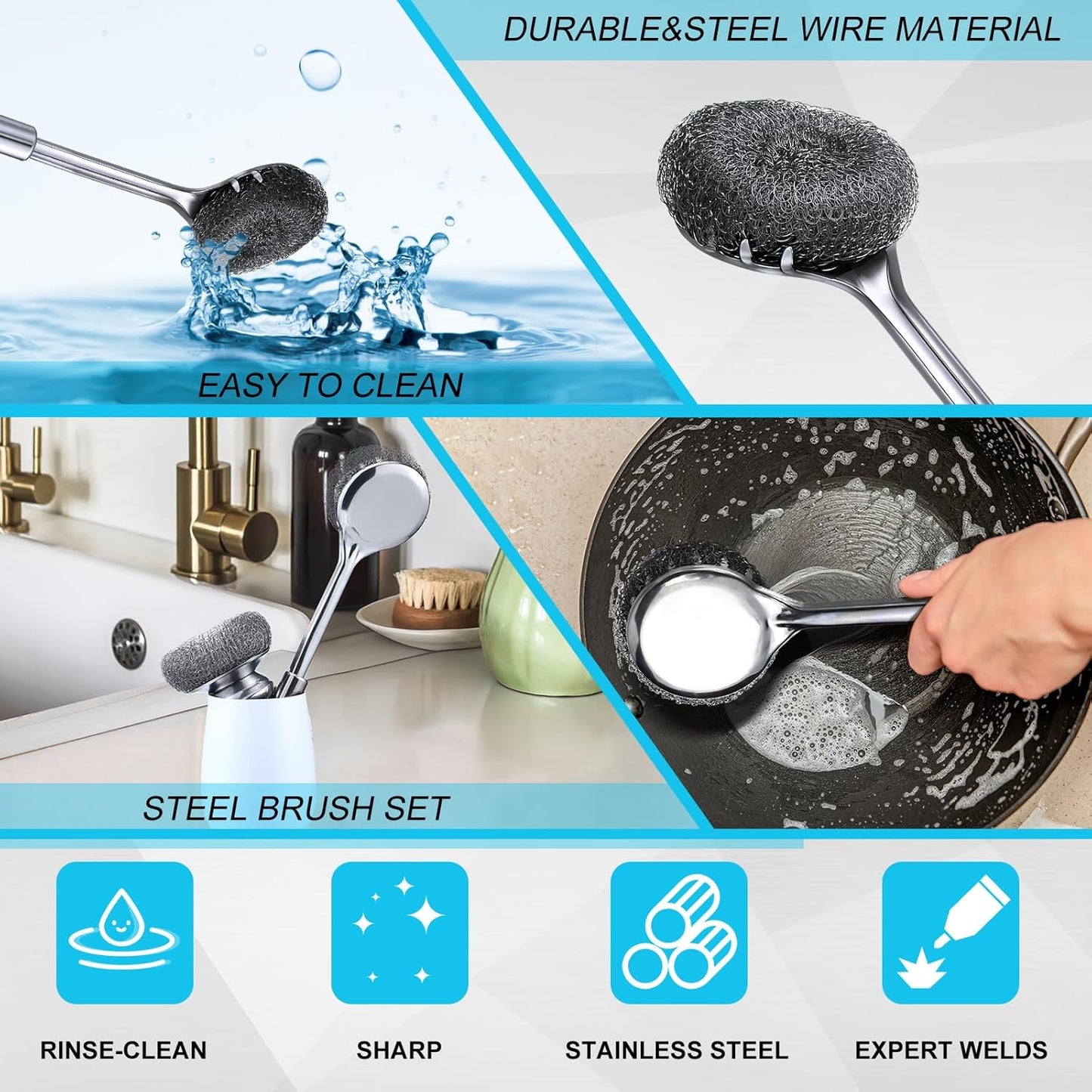 SiliFine 6 Pack Stainless Steel Scrubber with Handle, Silver Stainless Steel Pan Cleaner Deep Cleaning Scrubber for Dishes Tableware Home Kitchen Cast Iron, Stock Pots, Pans